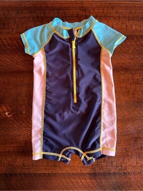 Kids Colorblock Short Sleeve SPF Swim Suit - Navy, White and Light Blue